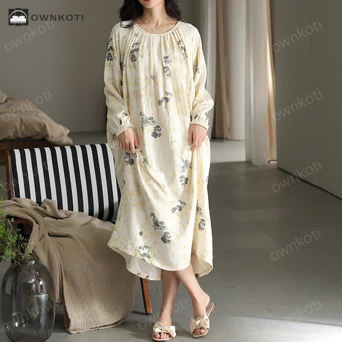 Round Neckline Cotton Nightgown with Chest Pads