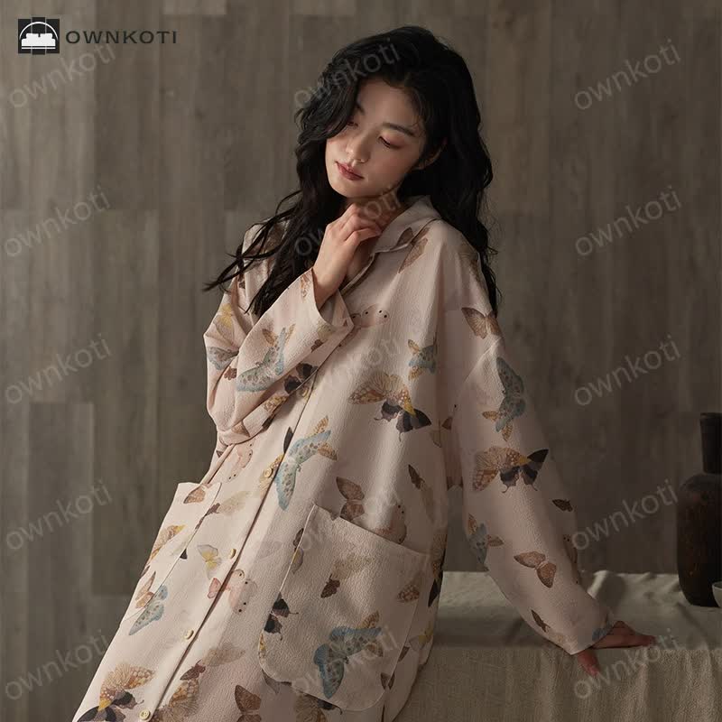 Cotton Gauze Butterfly Long Nightgown