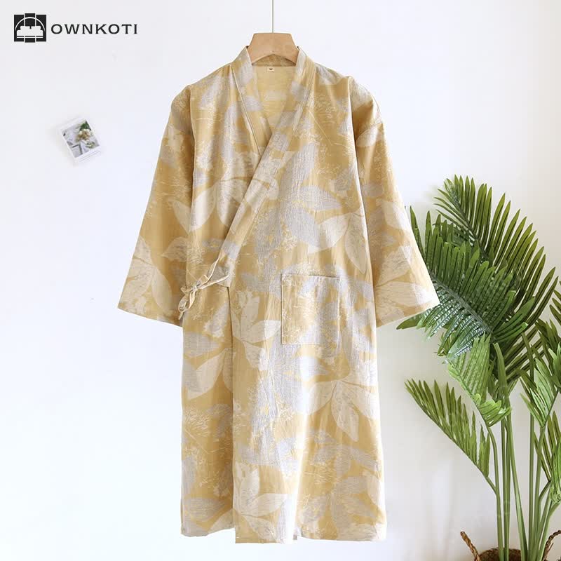 Breathable Cotton Gauze Leaf Print Bathrobe