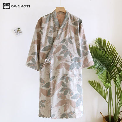 Breathable Cotton Gauze Leaf Print Bathrobe