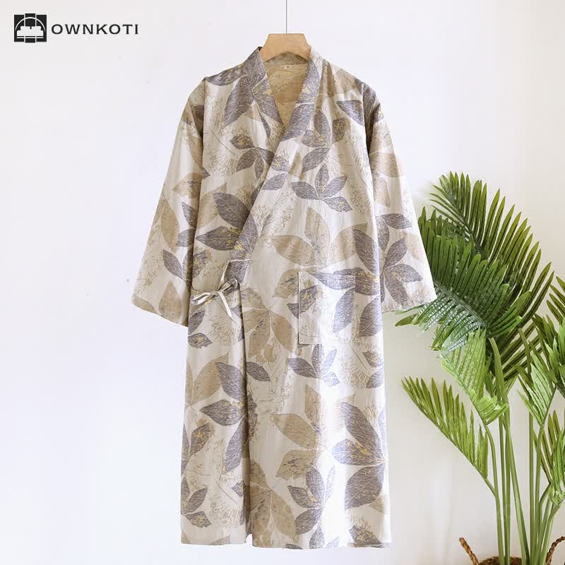 Breathable Cotton Gauze Leaf Print Bathrobe