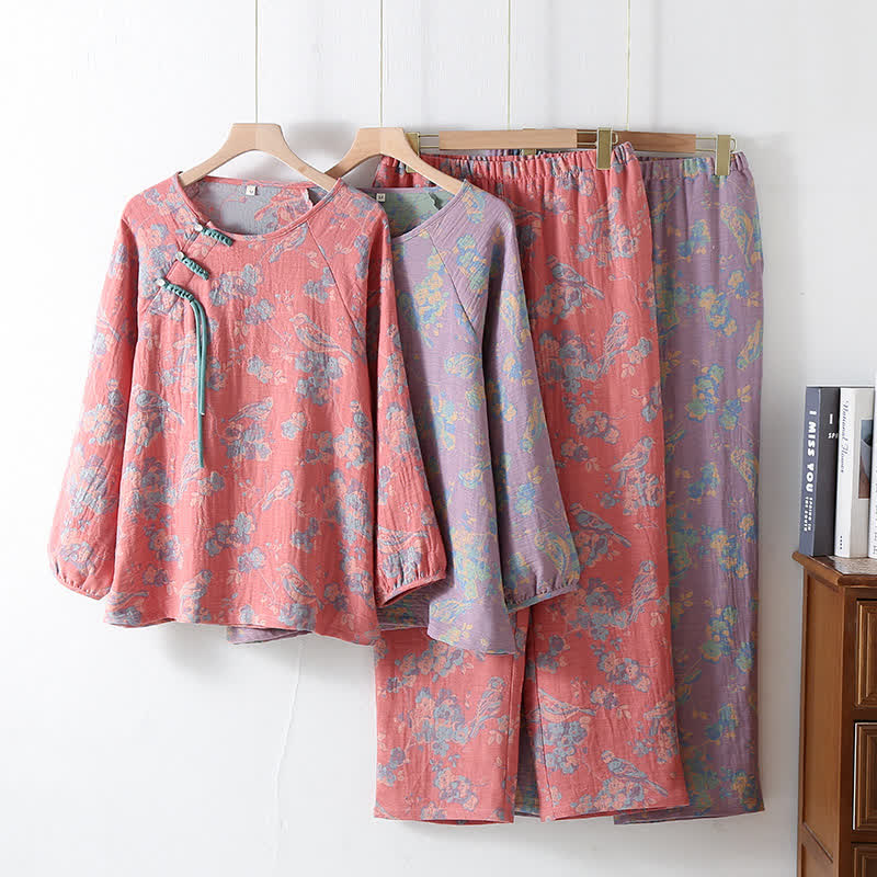 Floral Bird Frog Button Cotton Pajama Set