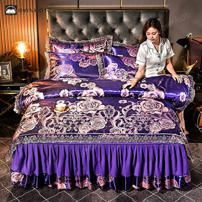 Satin Floral Lace Edge Bedding Set (4PCS)