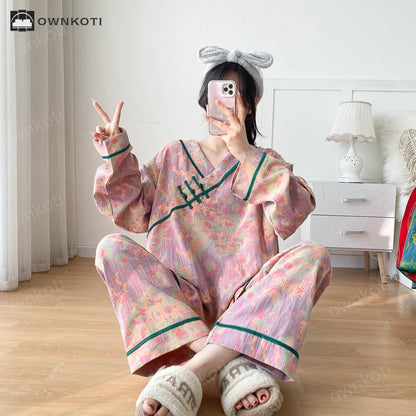 Plus-size Bright Cotton Gauze Pajama Set