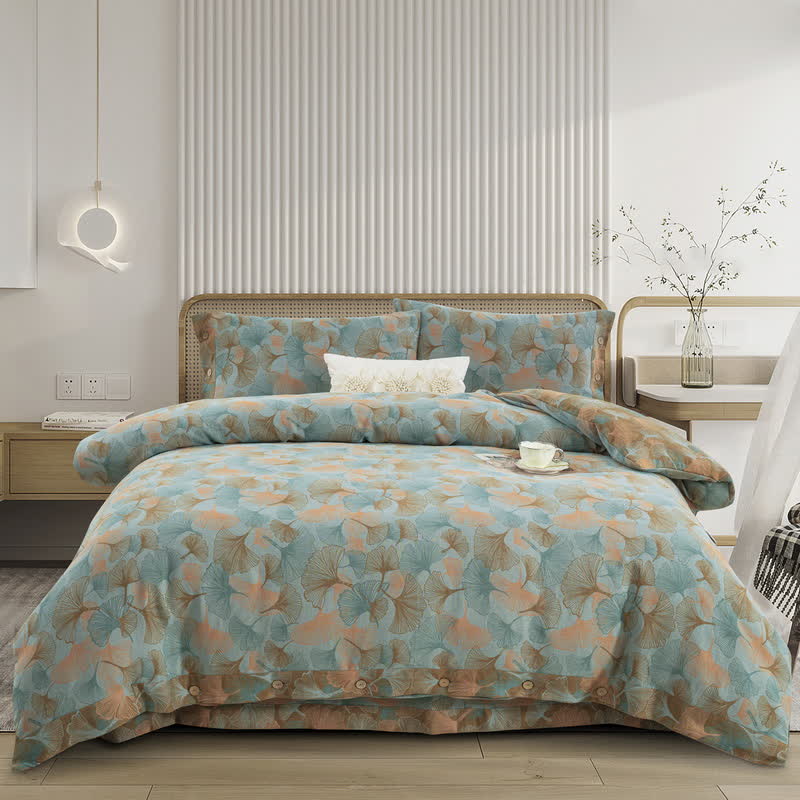 Button Ginkgo Leaf Cotton Bedding Set (4PCS) - Blue Green & Ginger Yellow - Bedding Set - King - image 44
