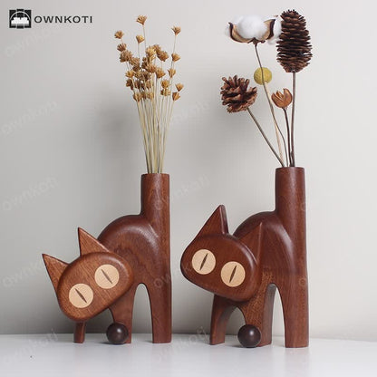 Creative Cat-shaped Wooden Home Decor Vase