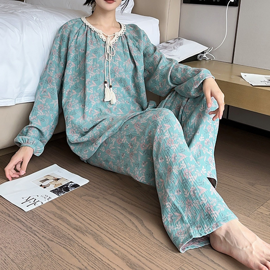 Plus Size Lace Neckline Cotton Pajama Set