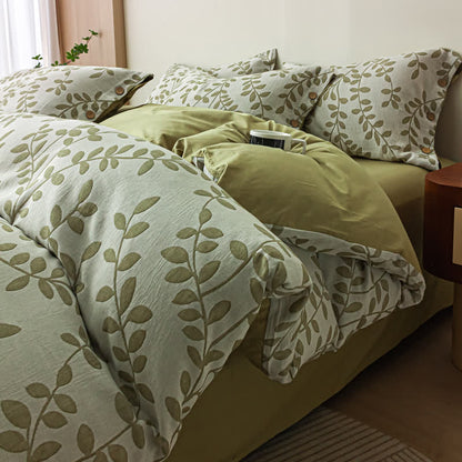 Green Leaf Cotton Button Pillowcases Bedding Set (4PCS)