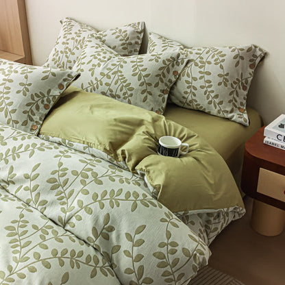 Green Leaf Cotton Button Pillowcases Bedding Set (4PCS)