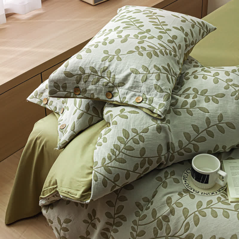 Green Leaf Cotton Button Pillowcases Bedding Set (4PCS)