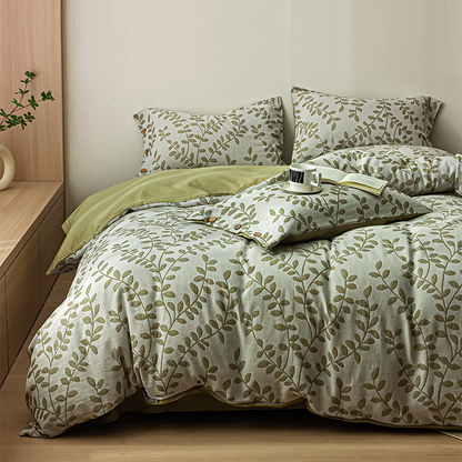 Green Leaf Cotton Button Pillowcases Bedding Set (4PCS)