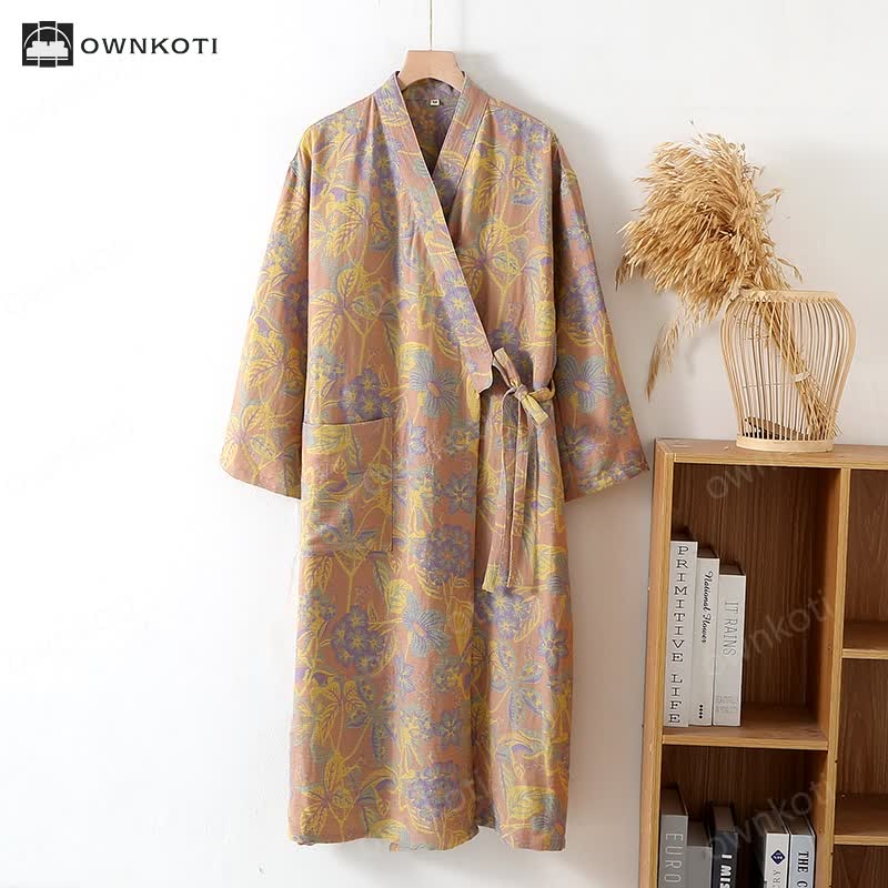 Three-quarter Sleeves Cotton Gauze Bathrobe