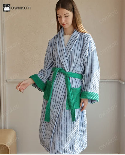 Pure Cotton Colorblock Striped Bathrobe