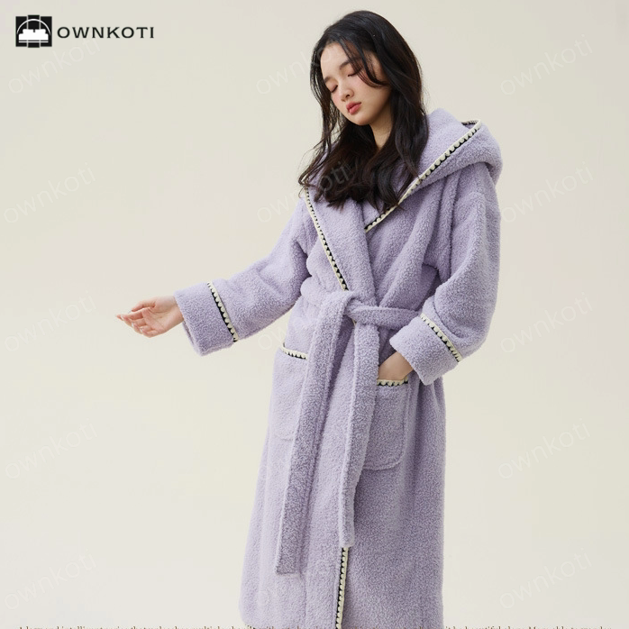 Warm Fleece Hooded Long Bathrobe