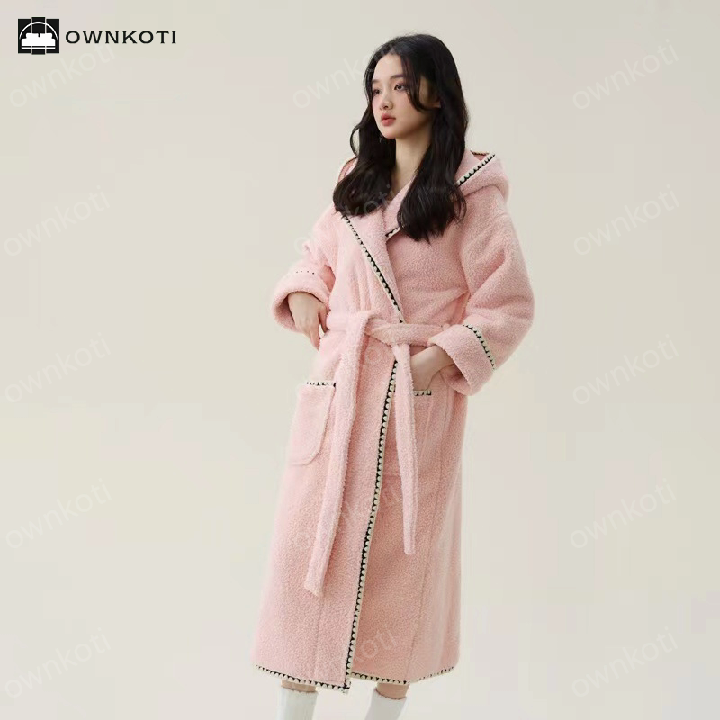 Warm Fleece Hooded Long Bathrobe