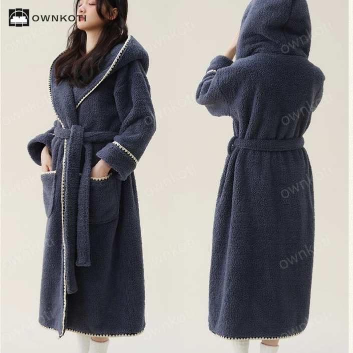 Warm Fleece Hooded Long Bathrobe