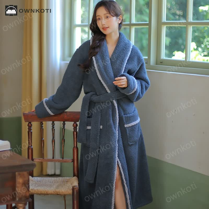 Winter Fleece Couple Lapel Neckline Bathrobe