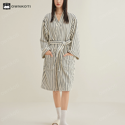 Pure Cotton Simple Striped Soft Bathrobe