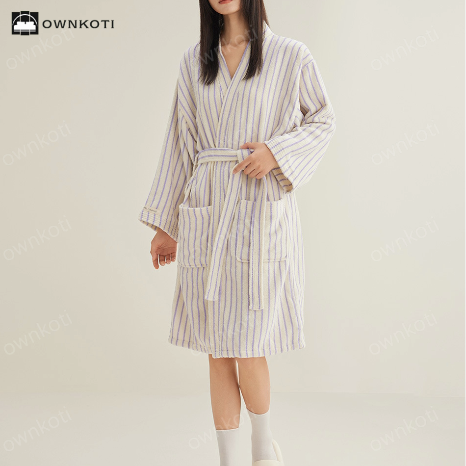 Pure Cotton Simple Striped Soft Bathrobe