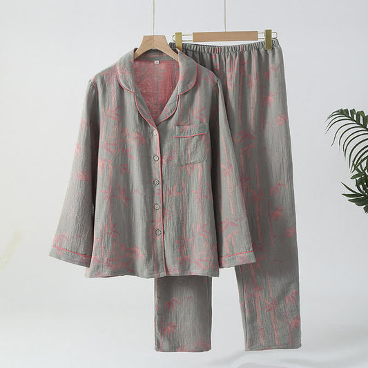 Yarn-dyed Rural Bamboo Cotton Gauze Pajama Set - Light Green - XL - image 0