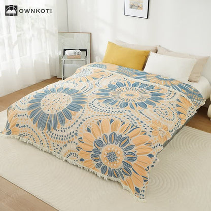 Blooming Sunflower Cotton Gauze Tassel Blanket