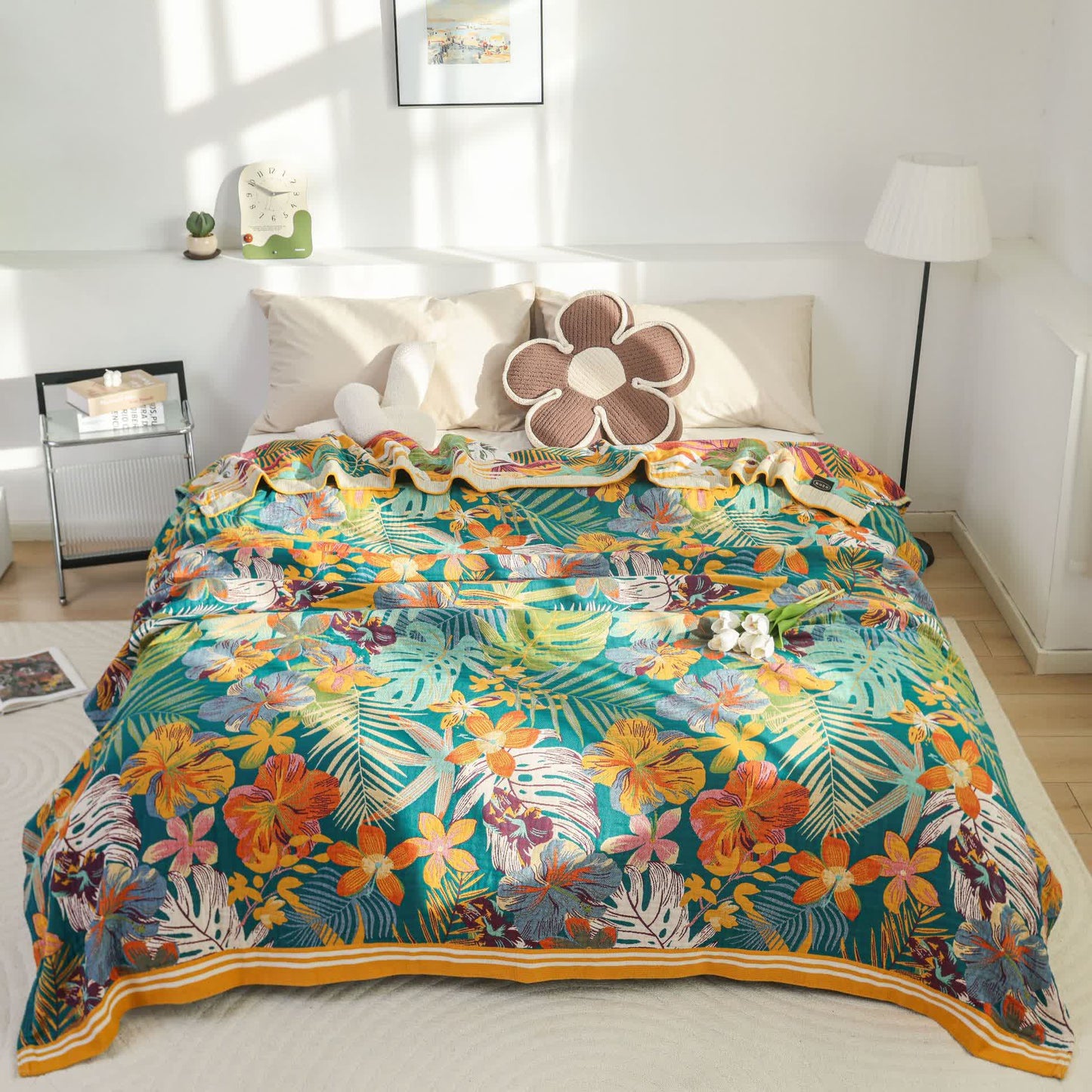 Vibrant Flower Leaf Cotton Gauze Blanket