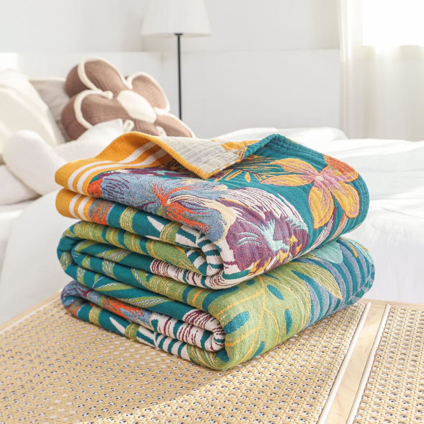 Vibrant Flower Leaf Cotton Gauze Blanket