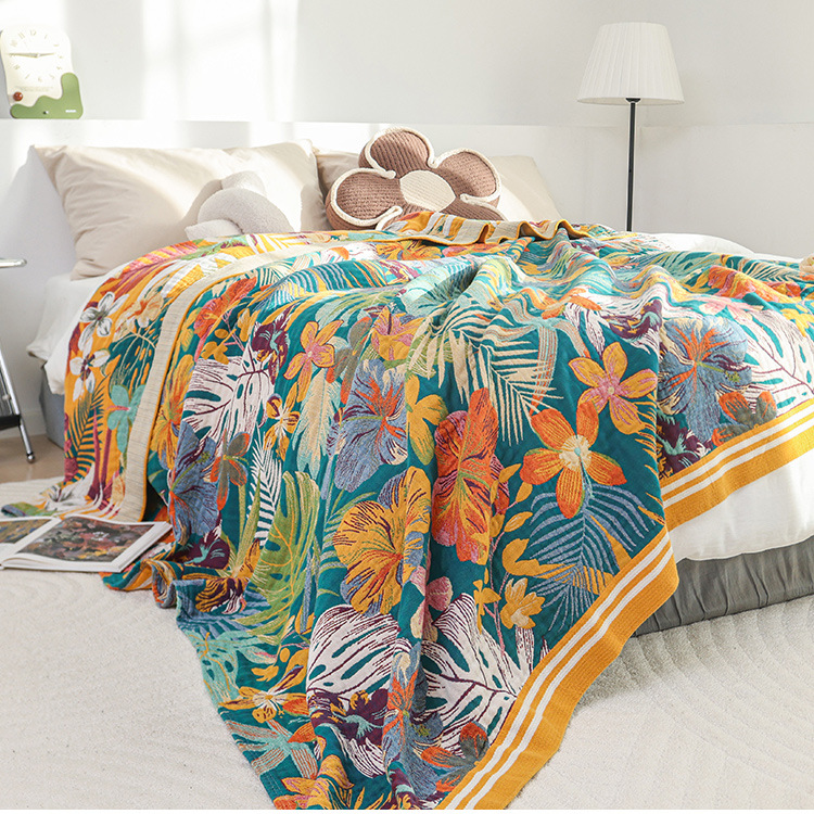 Vibrant Flower Leaf Cotton Gauze Blanket