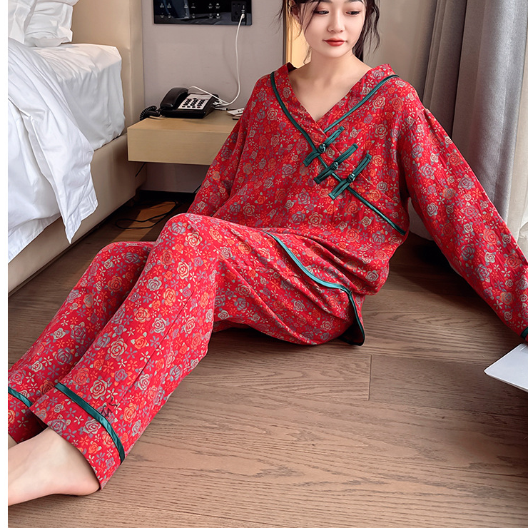 Ownkoti Plus Size Frog Button Rose Cotton Pajama Set - image 1