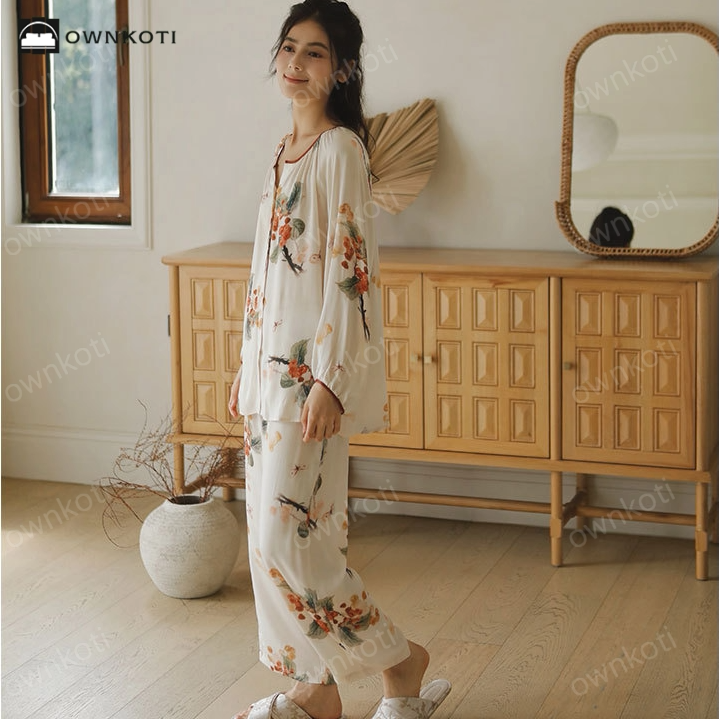 Satin Rural Soft Cardigan Pajama Set