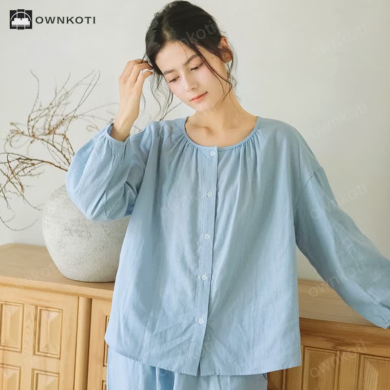 Solid Color Round Neckline Cotton Gauze Nightwear