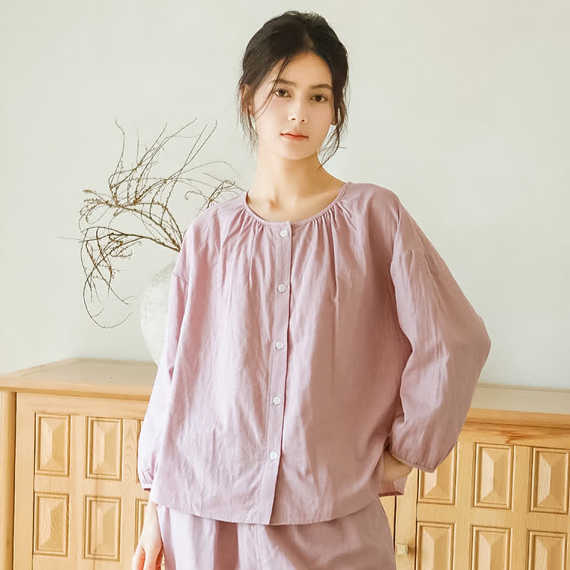 Solid Color Round Neckline Cotton Gauze Nightwear