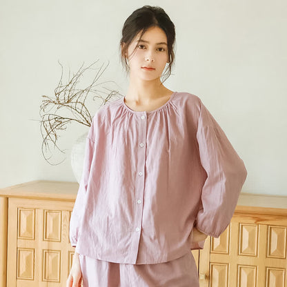 Solid Color Round Neckline Cotton Gauze Nightwear