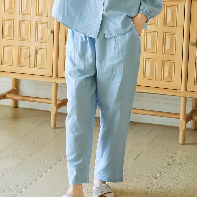 Solid Color Round Neckline Cotton Gauze Nightwear
