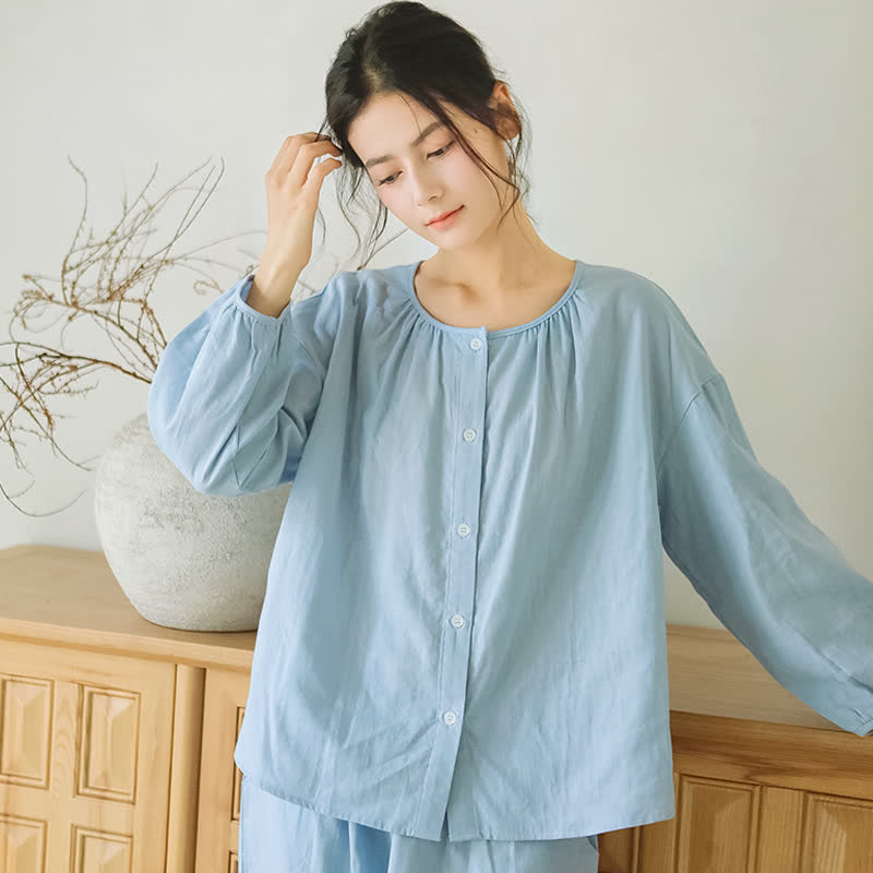 Solid Color Round Neckline Cotton Gauze Nightwear