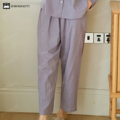 Solid Color Round Neckline Cotton Gauze Nightwear