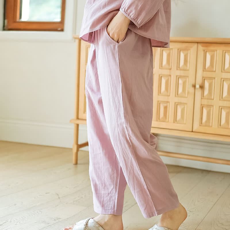 Solid Color Round Neckline Cotton Gauze Nightwear