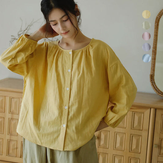 Solid Color Round Neckline Cotton Gauze Nightwear