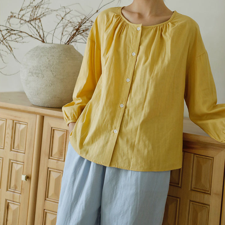 Solid Color Round Neckline Cotton Gauze Nightwear