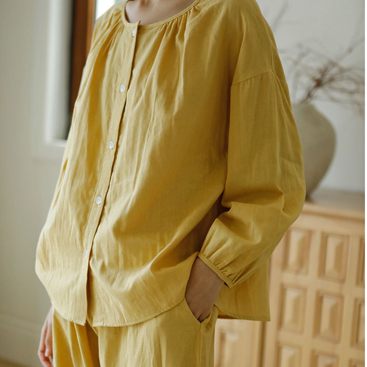 Solid Color Round Neckline Cotton Gauze Nightwear
