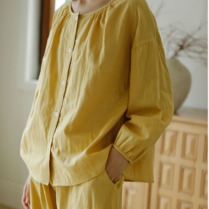 Solid Color Round Neckline Cotton Gauze Nightwear