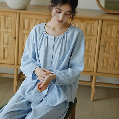 Solid Color Round Neckline Cotton Gauze Nightwear