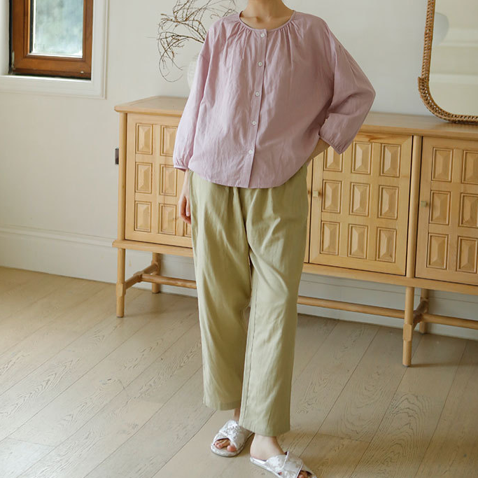 Solid Color Round Neckline Cotton Gauze Nightwear