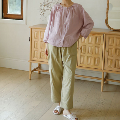 Solid Color Round Neckline Cotton Gauze Nightwear