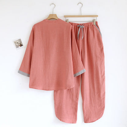 Colorblock Double Layer Cotton Gauze Pajama Set