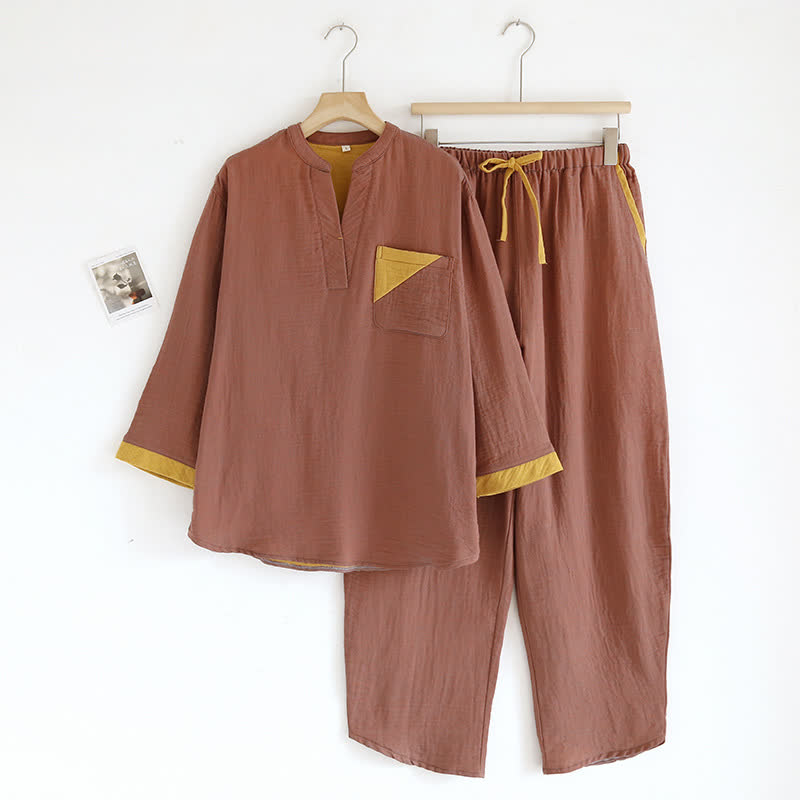 Colorblock Double Layer Cotton Gauze Pajama Set