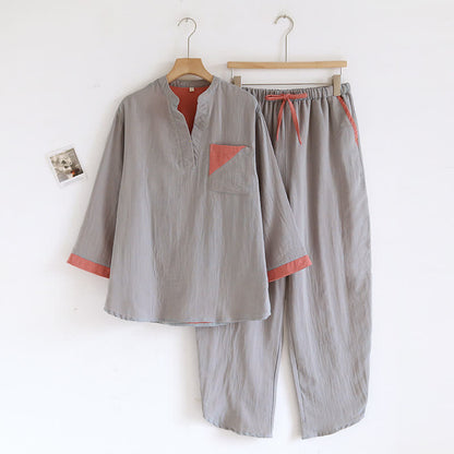 Colorblock Double Layer Cotton Gauze Pajama Set