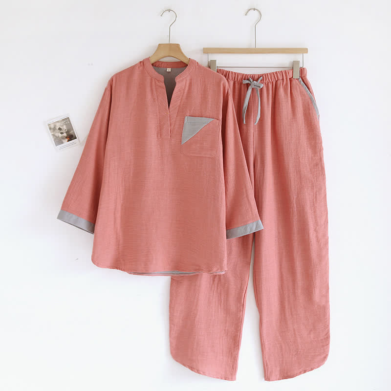 Colorblock Double Layer Cotton Gauze Pajama Set