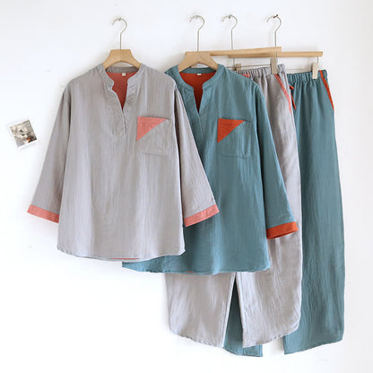 Colorblock Double Layer Cotton Gauze Pajama Set