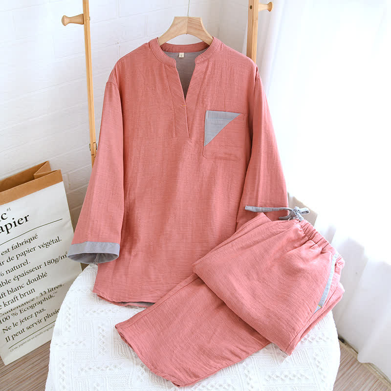 Colorblock Double Layer Cotton Gauze Pajama Set